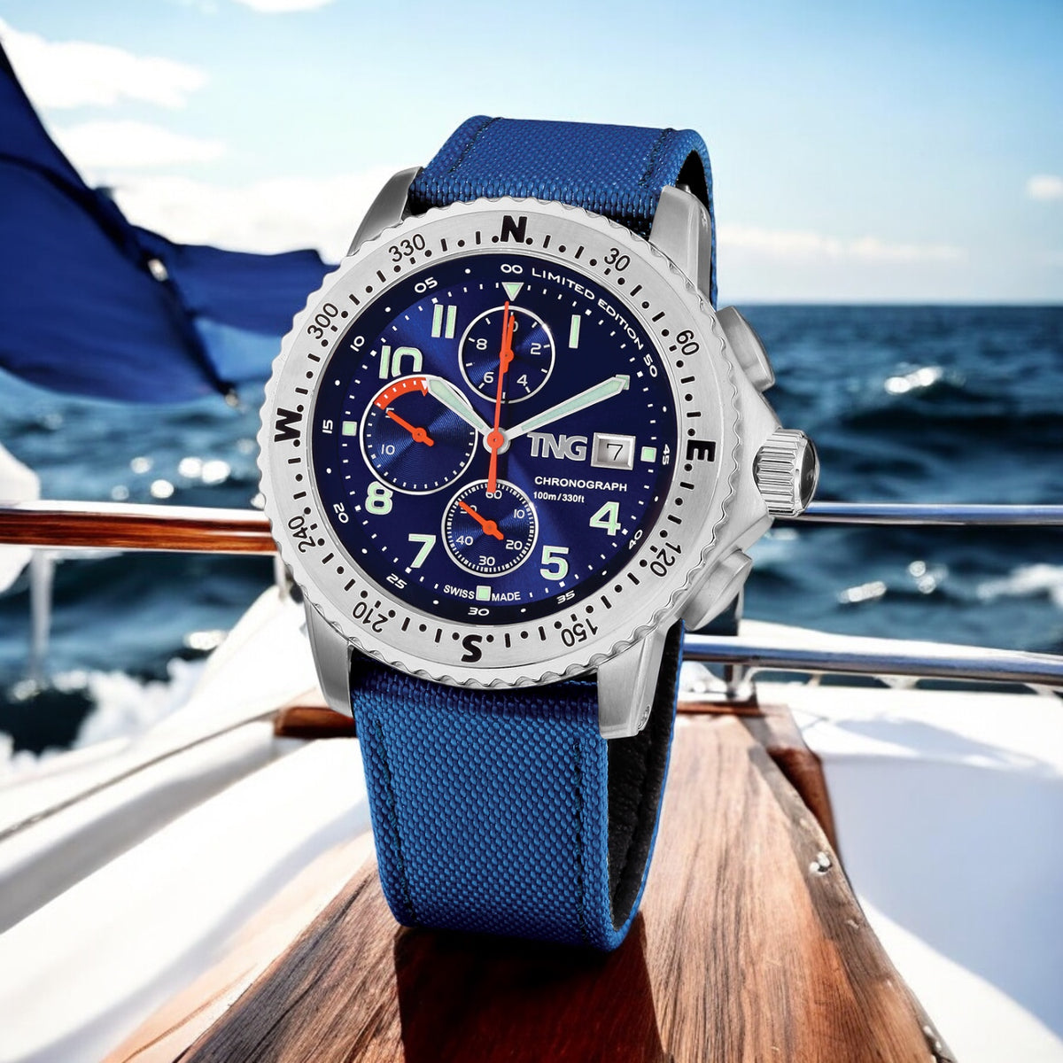 TNG Baltic Cup 43mm -blueDial blue strap on a sailing boat