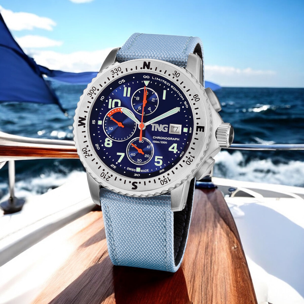 TNG Baltic Cup 43mm -blueDial light blue strap on a sailing boat