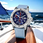 TNG Baltic Cup 43mm -blueDial light blue strap on a sailing boat