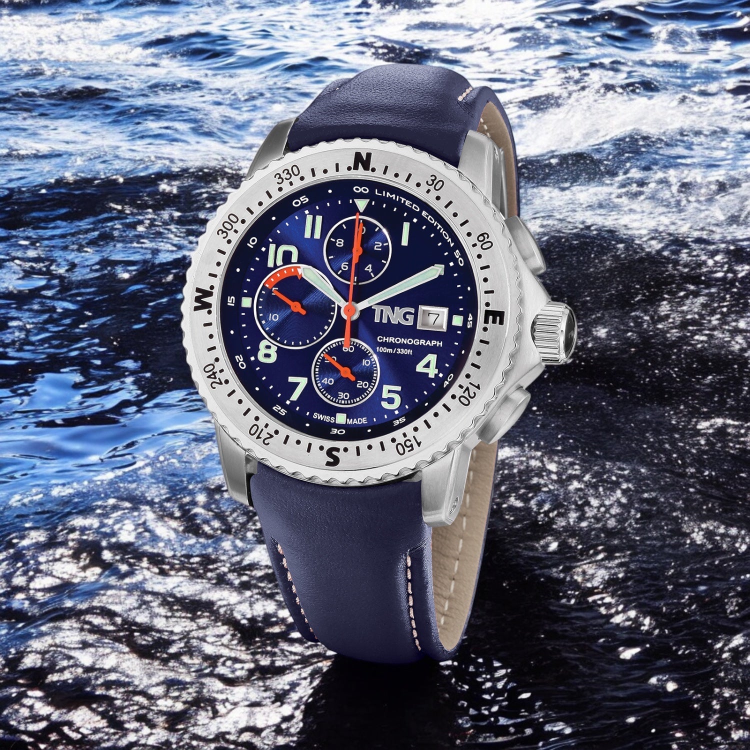 TNG Baltic Cup 43mm -blue Dial blue leather strap on the water