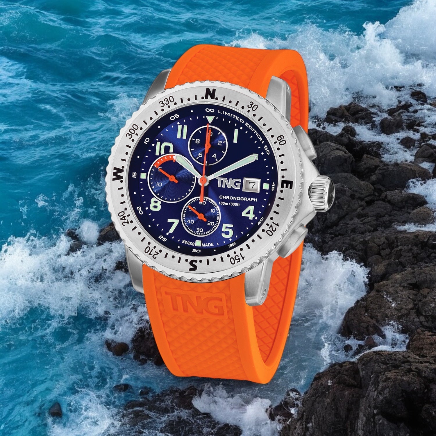 TNG Baltic Cup 43mm -blue Dial orange TPU strap on the water