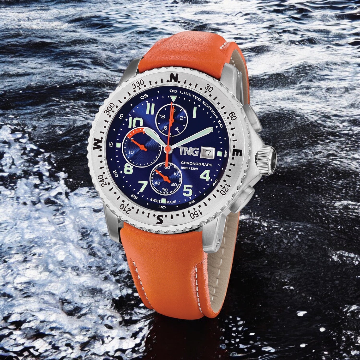 TNG Baltic Cup 43mm -blue Dial orange leather strap on the water