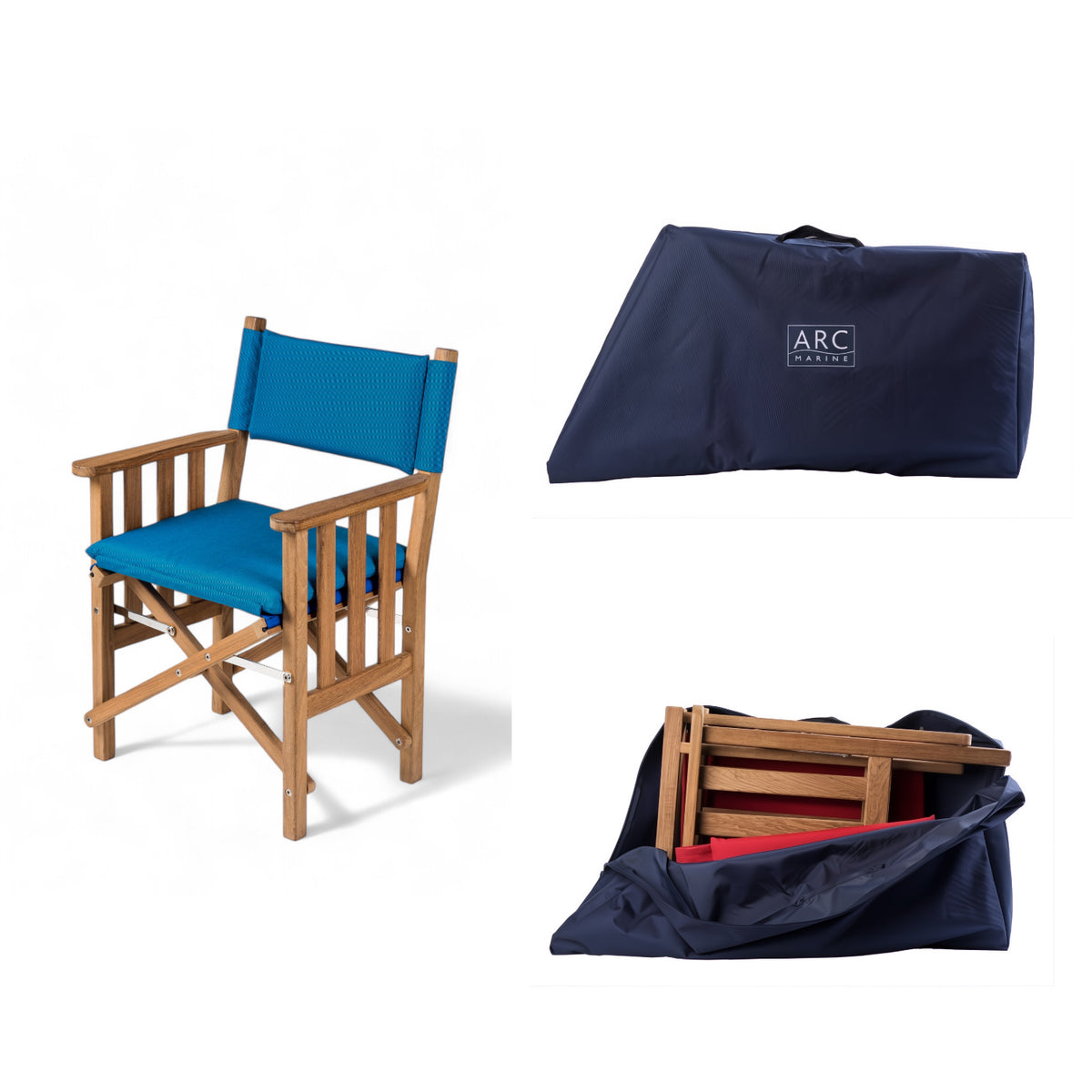 Tas voor regisseursstoel II van ARC Marine collage met tas open, gesloten en stoel erbij