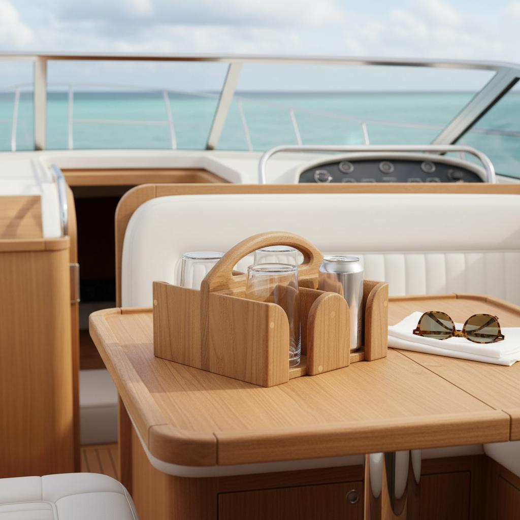 Teak bekerhouder voor 4 glazen op een tafel van een boot 