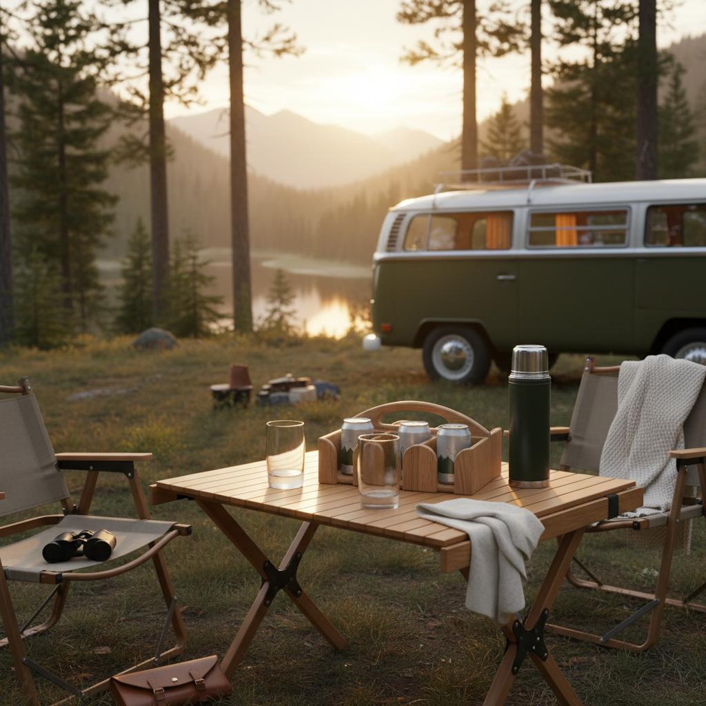 Teak bekerhouder voor 6 glazen op een tafel op de camping