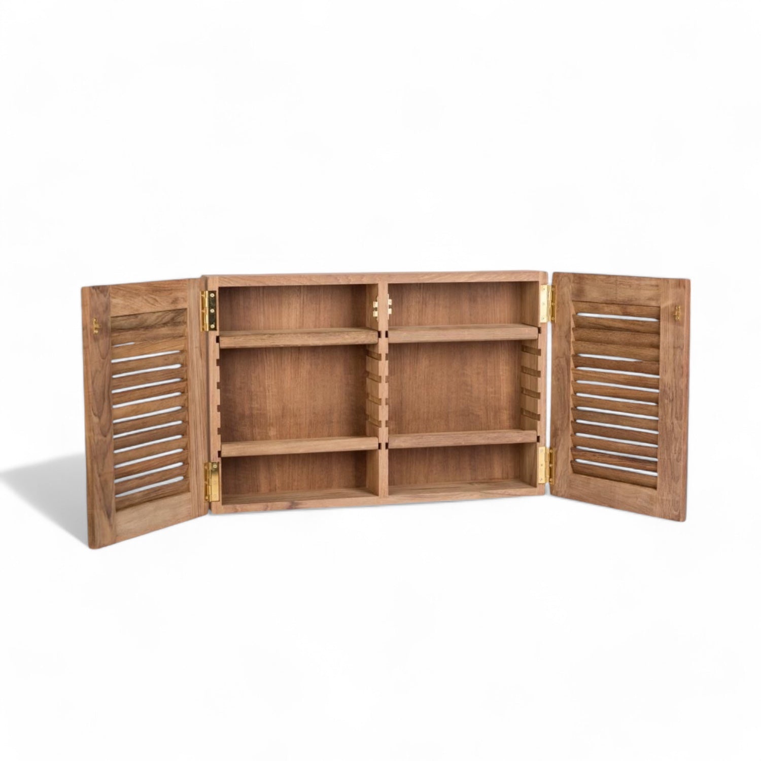 Teak opbergkast met 2 louvredeuren voor boot, badkamer en buitenkeuken binnenkant met openslaande deuren