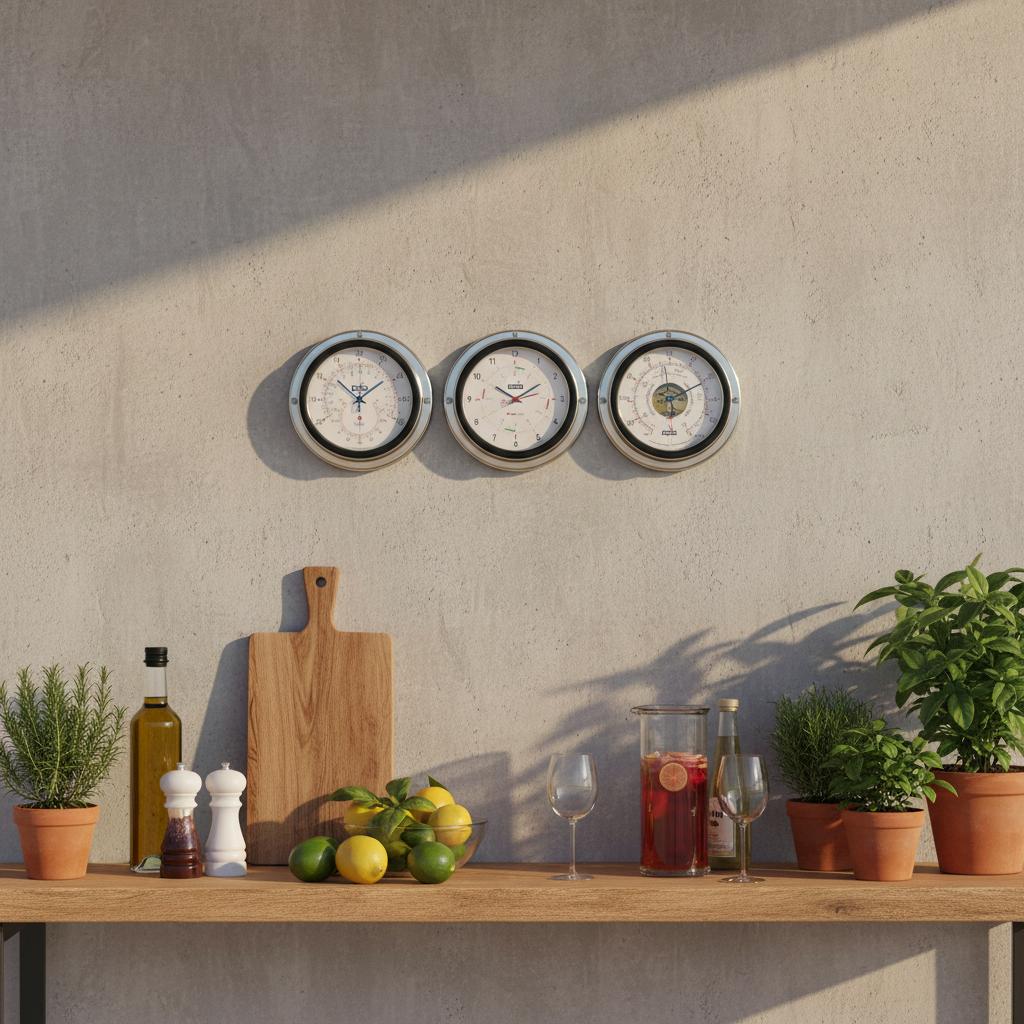 Vion A100 set die in een buitenkeuken hangt op een cement muur boven een houten aanrecht