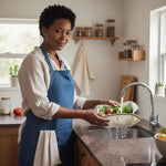 Vrouw in een keuken speelt de groente af in een mooie keuken