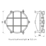 Waterdichte buitenlamp – chroom, rond, nautische stijl met rooster van Foresti en Suardi tekening met maten 15,5 cm