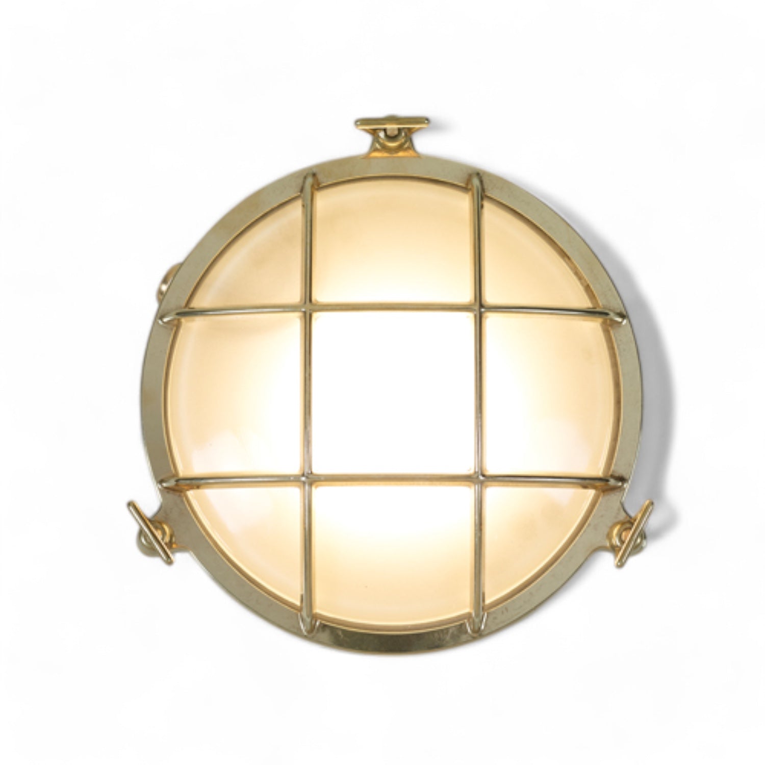 Waterdichte buitenlamp – rond, nautische stijl met rooster van Foresti en Suardi messing met brandende lamp