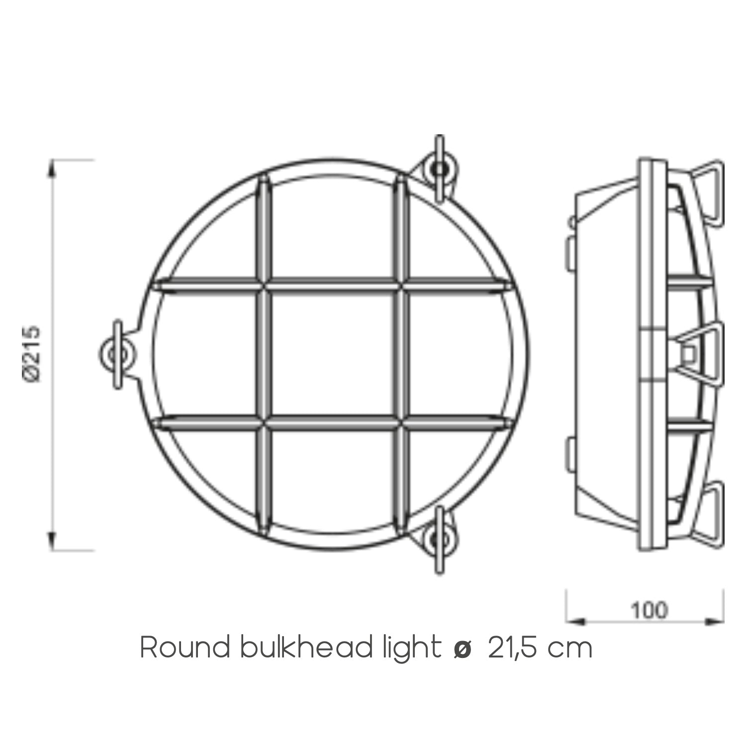 Waterdichte buitenlamp – rond, nautische stijl met rooster van Foresti en Suardi tekening met maten 21,5 cm