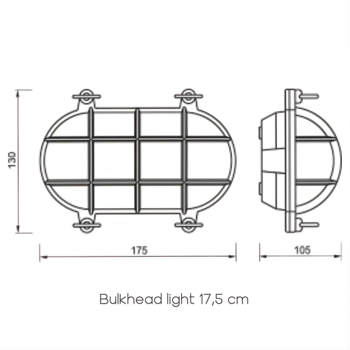 Waterdichte ovale nautische buitenlamp met draadrooster van Foresti en Suardi tekening 17_5cm