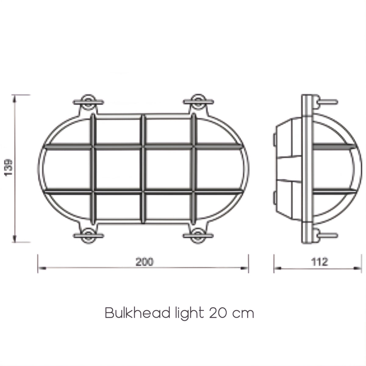 Waterdichte ovale nautische buitenlamp met draadrooster van Foresti en Suardi tekening 19_5cm