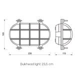 Waterdichte ovale nautische buitenlamp met draadrooster van Foresti en Suardi tekening 23_5cm