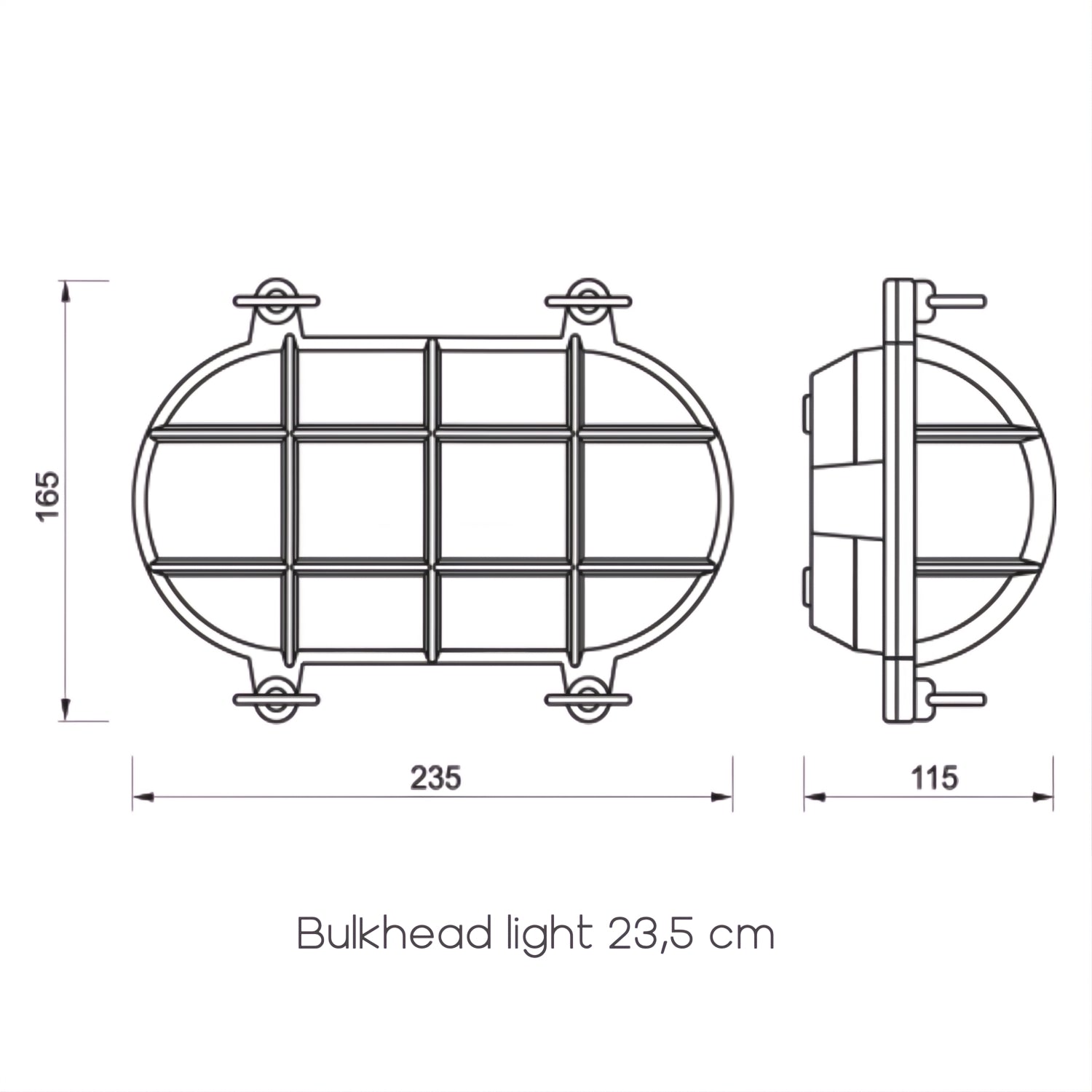 Waterdichte ovale nautische buitenlamp met draadrooster van Foresti en Suardi tekening 23_5cm