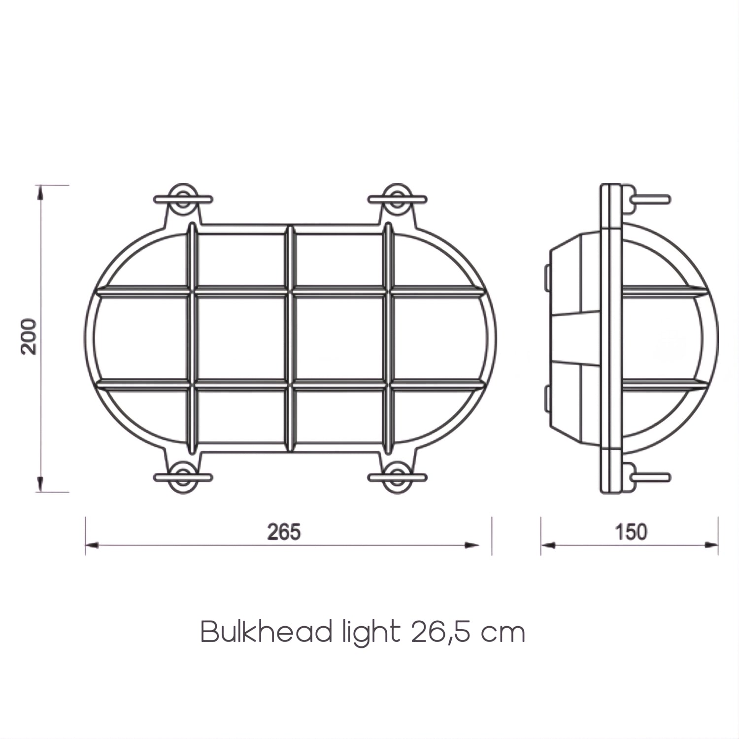 Waterdichte ovale nautische buitenlamp met draadrooster van Foresti en Suardi tekening 26_5cm