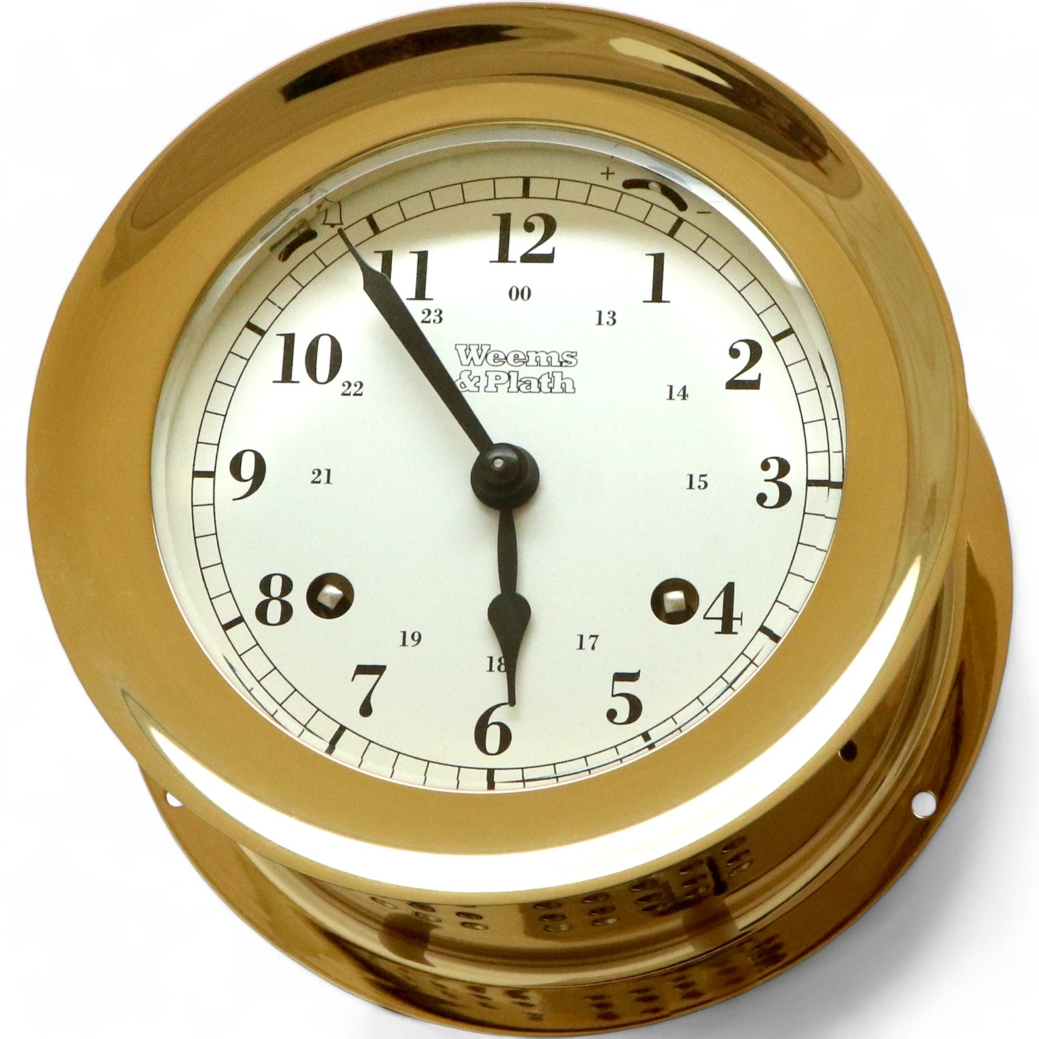 Weems & Plath Atlantis quartz scheepsklok met scheepsbel 140 x 73 mm - traditioneel 8-bellen in luxe uitvoering Weems & Plath Atlantis mechanische scheepsklok met scheepsbel 140 x 73 mm - traditioneel 8-bellen in luxe uitvoering 220100 messing
