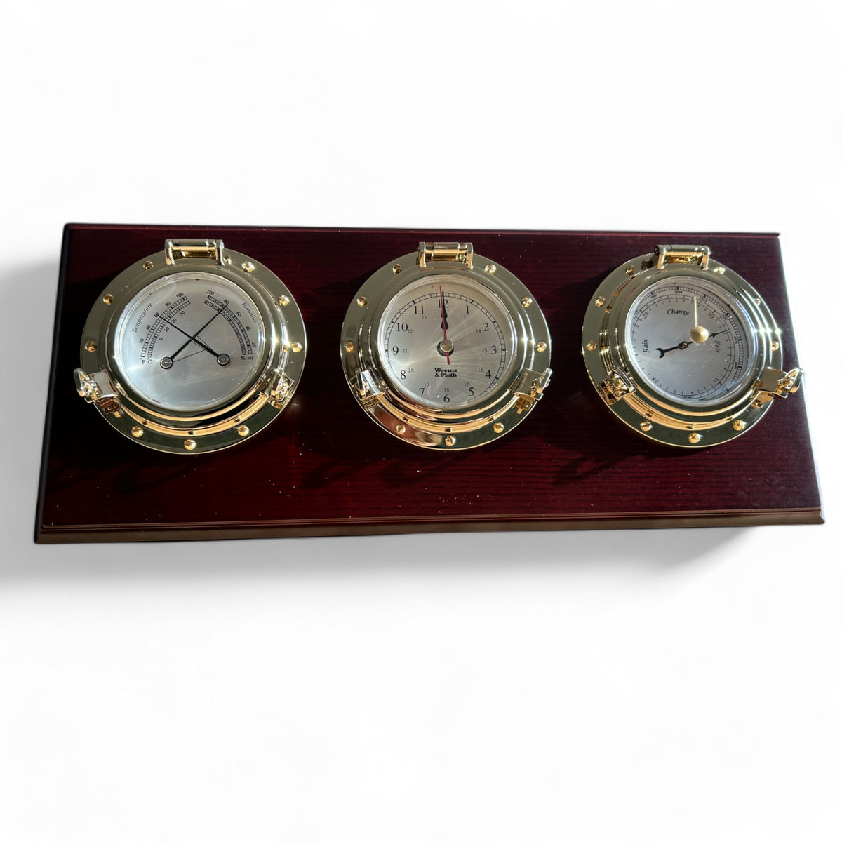 Weems & Plath Porthole bureau weerstation 355 x 152 x 32 mm - compleet, klassiek, mahonie en messing voorkant 1