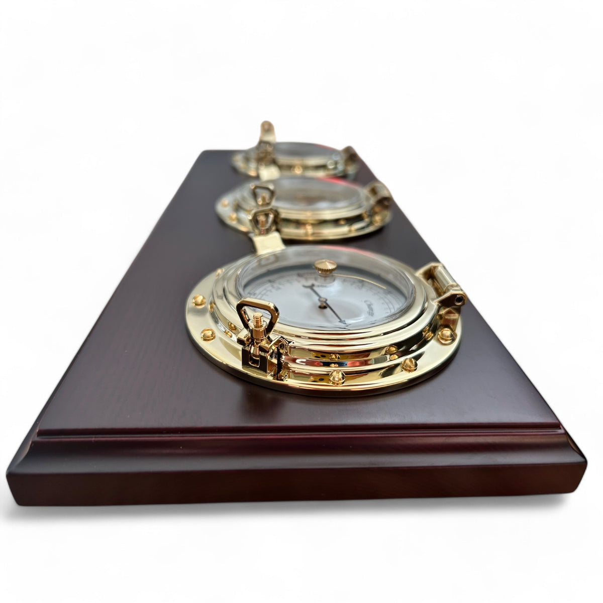 Weems & Plath Porthole bureau weerstation 355 x 152 x 32 mm - compleet, klassiek, mahonie en messing zijkant 1