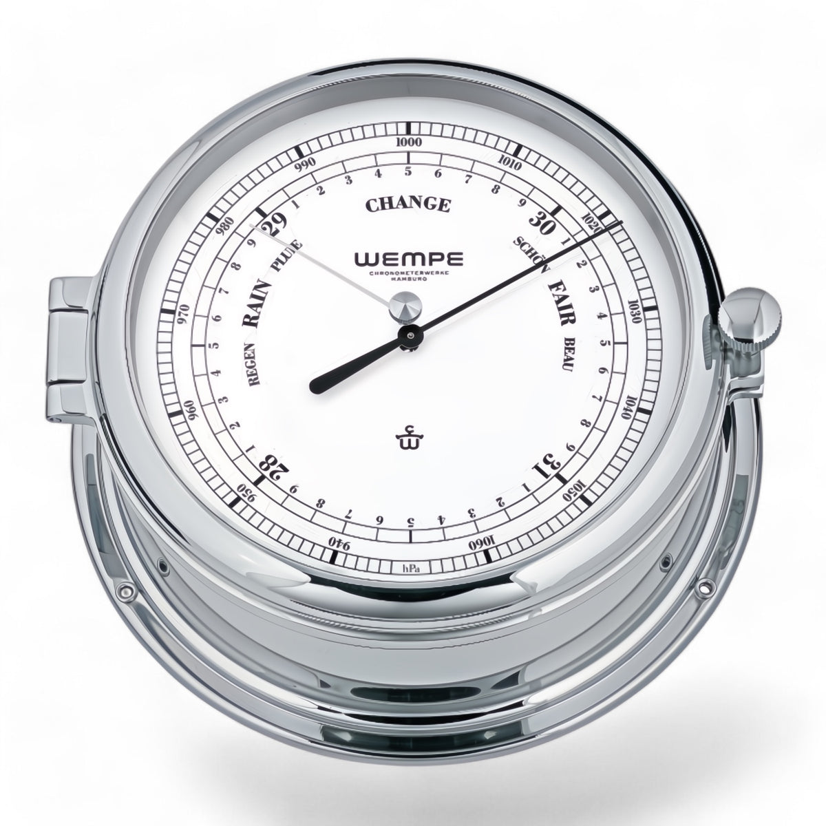 Wempe Admiral III barometer 185 x 70 mm - dubbel aneroïde mechanisme, witte wijzerplaat, chroom variant