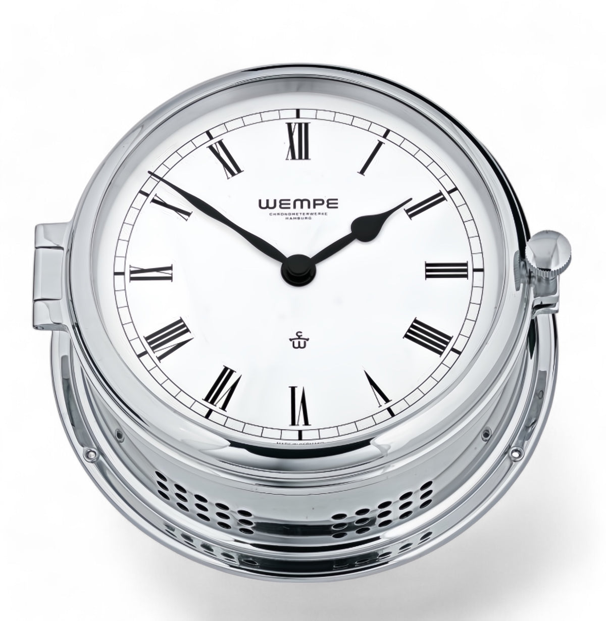 Wempe Admiral III chroom scheepsklok met scheepsbel 185 x 70 mm - klassiek, Romeinse cijfers, witte wijzerplaat , quartz uurwerk