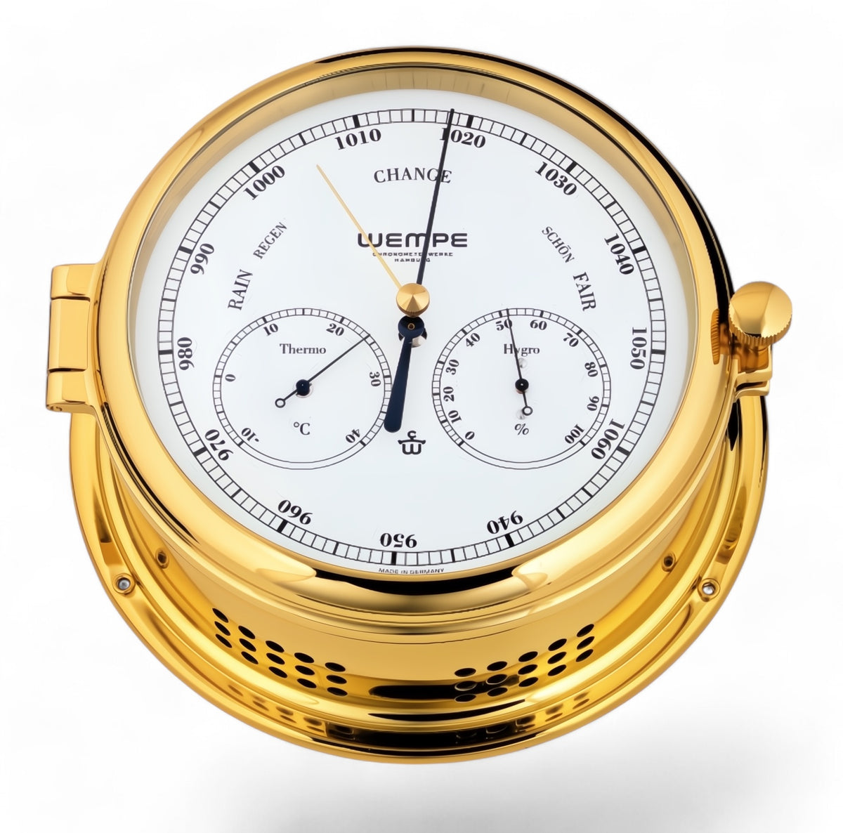 Wempe Admiral III weerstation 185 x 70 mm messing - combinatie instrument barometer, thermometer, hygrometer, witte wijzerplaat zwarte cijfers
