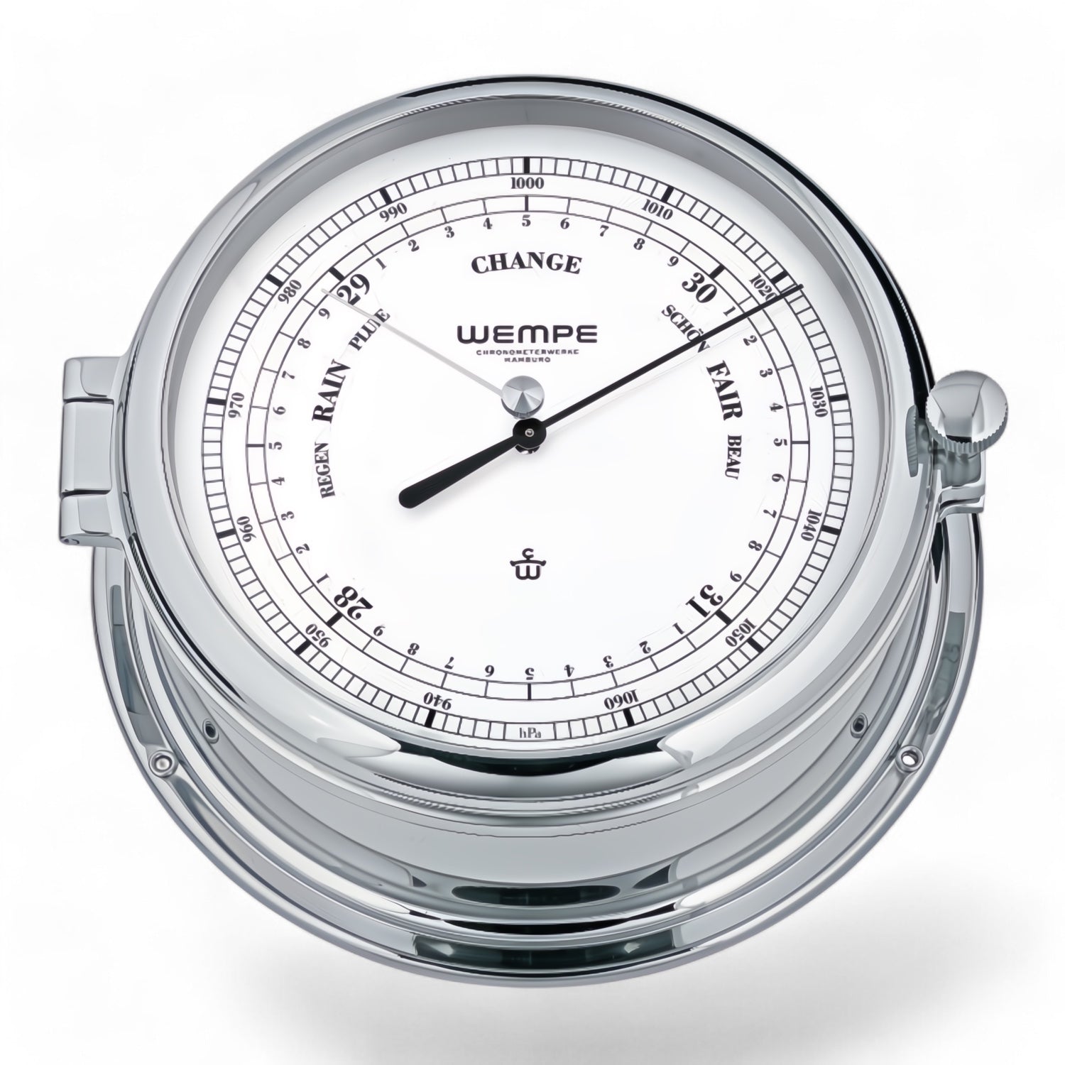 Wempe Admiral II barometer 185 x 70 mm - dubbel aneroïde mechanisme, witte wijzerplaat, chroom variant