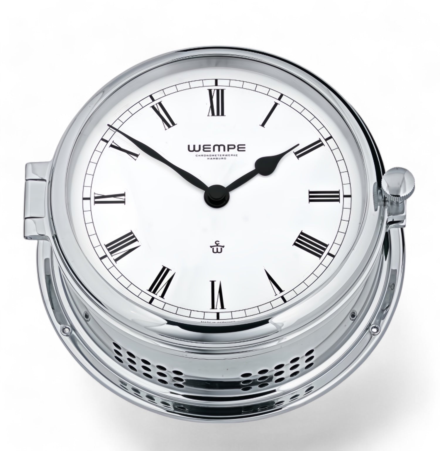 Wempe Admiral II chroom scheepsklok met scheepsbel 185 x 70 mm - klassiek, Romeinse cijfers, witte wijzerplaat , quartz uurwerk