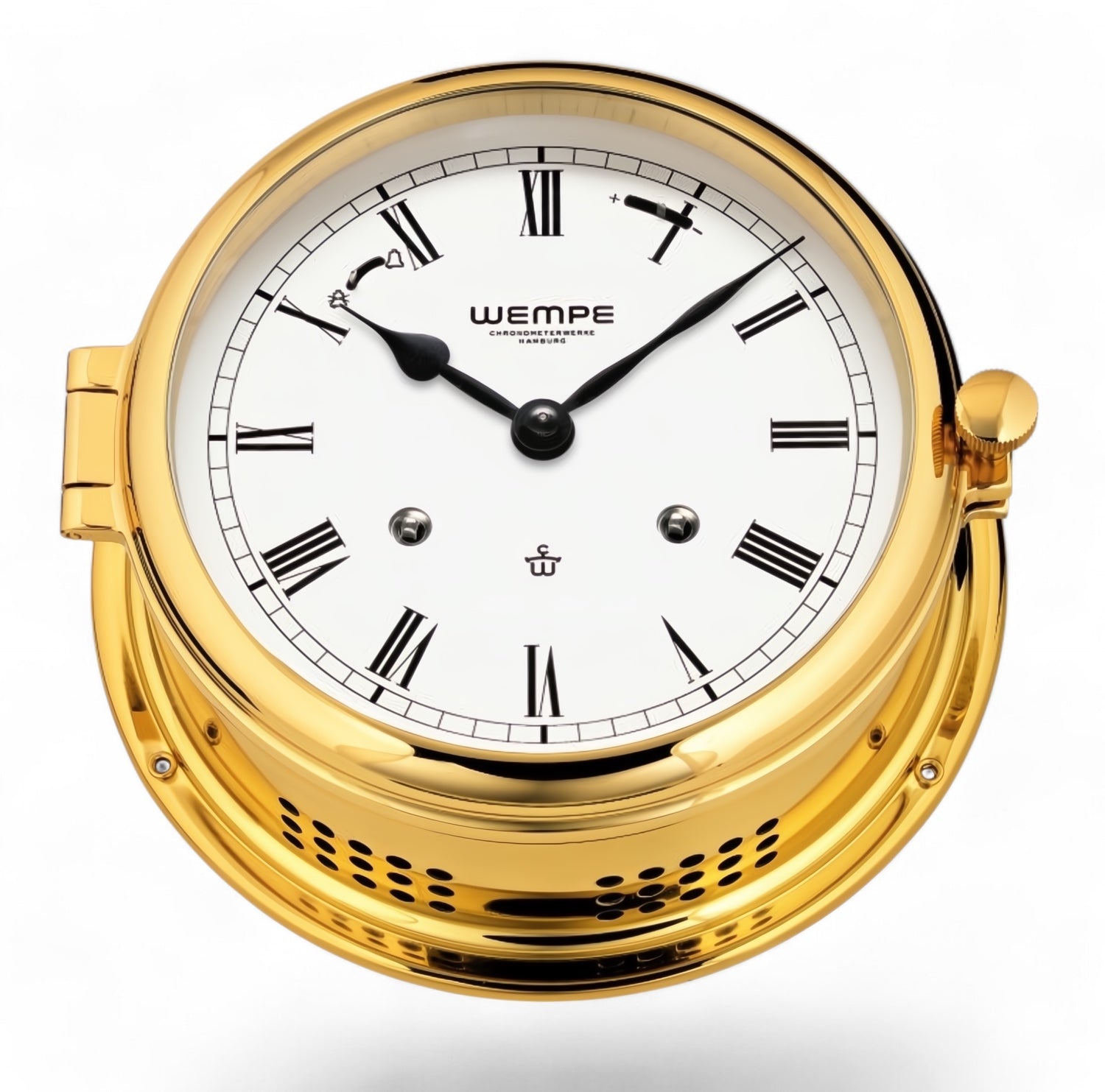 Wempe Admiral II messing scheepsklok met scheepsbel 185 x 70 mm - klassiek, Romeinse cijfers, witte wijzerplaat , mechanisch  uurwerk