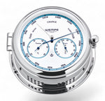 Wempe Admiral II weerstation 185 x 70 mm verchroomd messing - combinatie instrument barometer, thermometer, hygrometer, wit met blauwe wijzerplaat zwarte cijfers