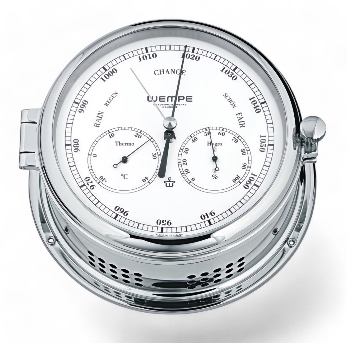Wempe Admiral II weerstation 185 x 70 mm verchroomd messing - combinatie instrument barometer, thermometer, hygrometer, witte wijzerplaat zwarte cijfers
