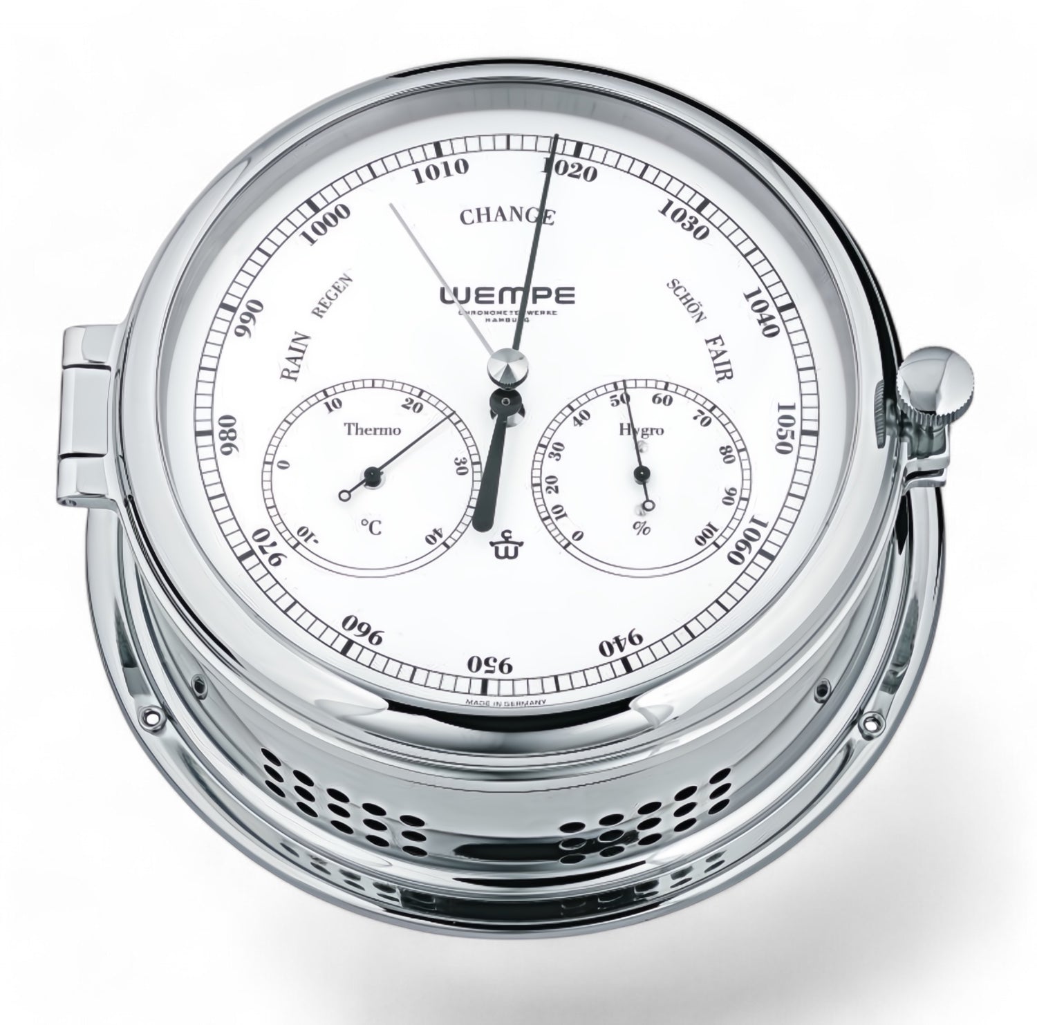 Wempe Admiral II weerstation 185 x 70 mm verchroomd messing - combinatie instrument barometer, thermometer, hygrometer, witte wijzerplaat zwarte cijfers