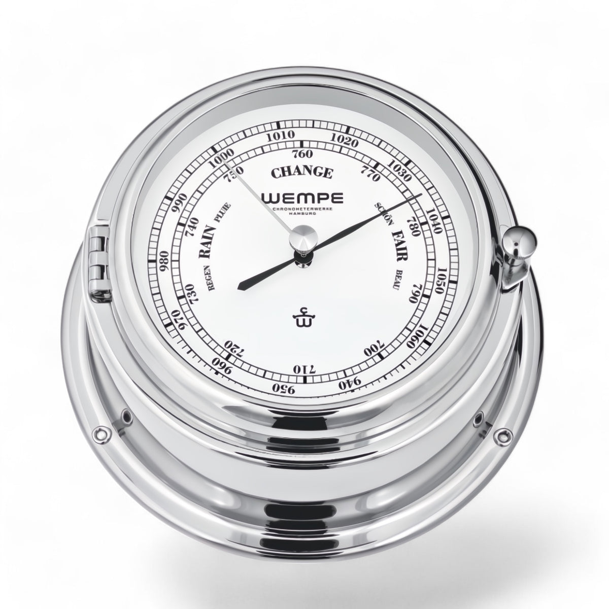 Wempe Bremen II barometer 150 x 75 mm – massief messing met patrijspoort opening, kleur chroom