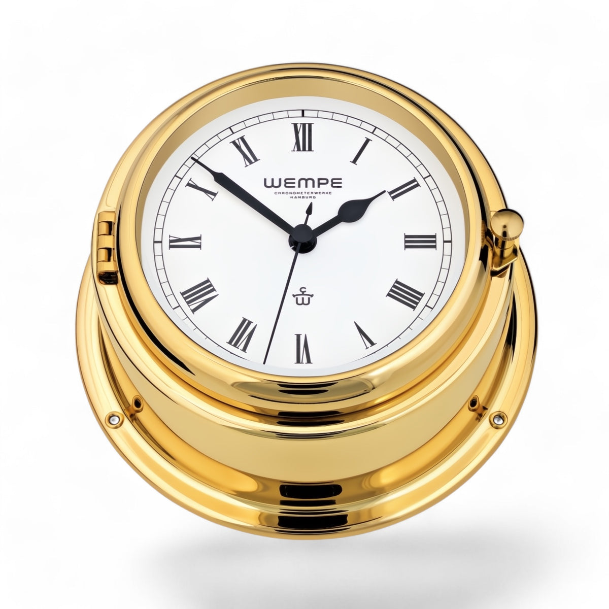 Wempe Bremen II messing scheepsklok 150 x 75 mm – frontopening, witte wijzerplaat, quartz uurwerk met Romeinse cijfers