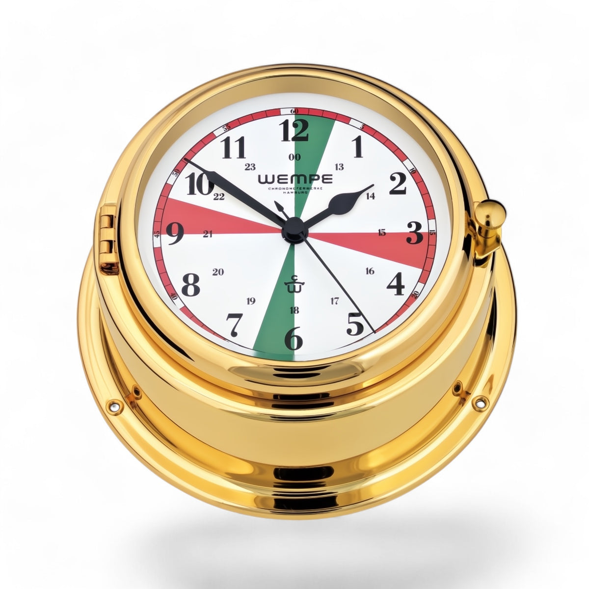 Wempe Bremen II messing scheepsklok 150 x 75 mm – frontopening, witte wijzerplaat, quartz uurwerk met radio-stilte zones