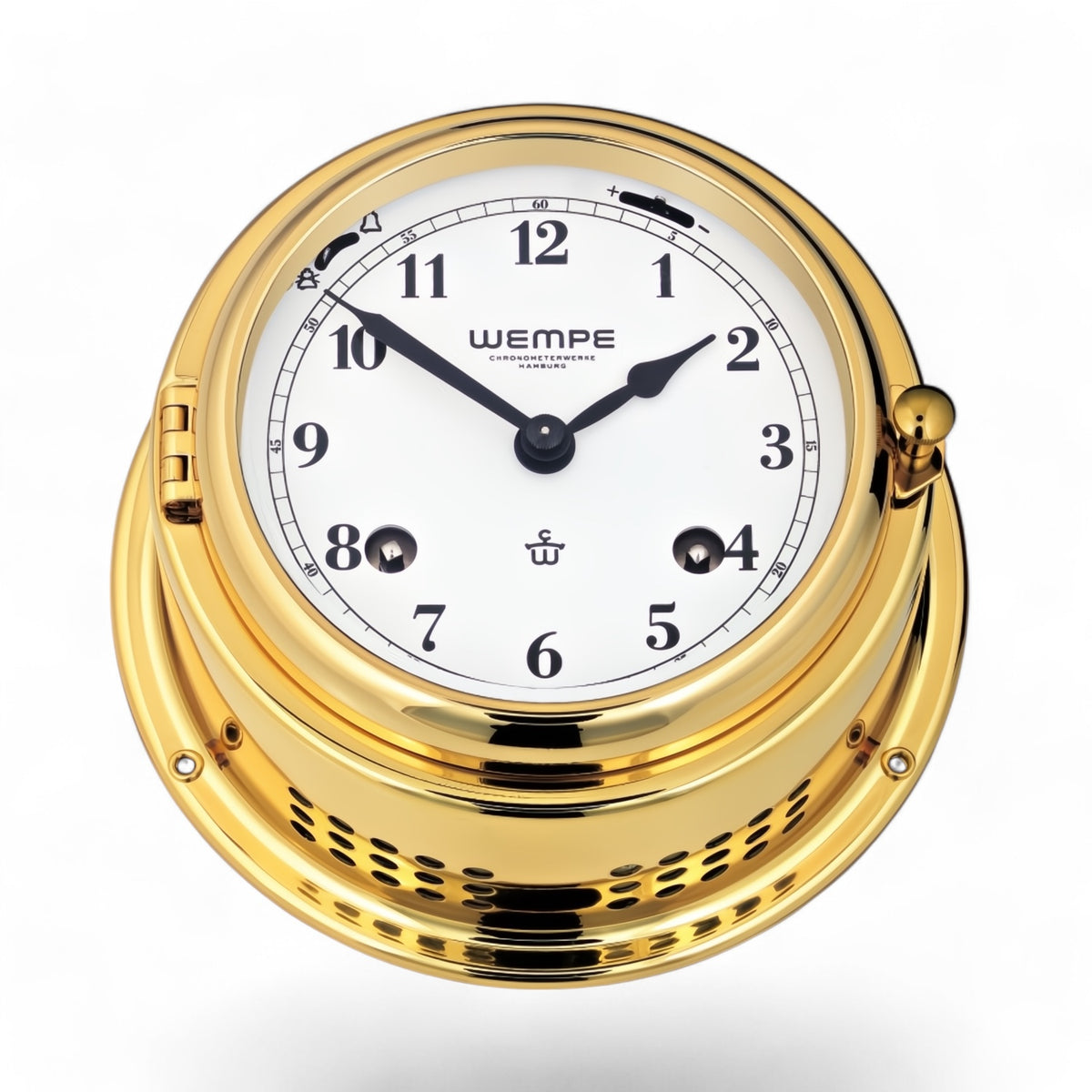 Wempe Bremen II messing scheepsklok met scheepsbel 150 x 75 mm – mechanisch, 8-daagse power reserve met Arabische cijfers