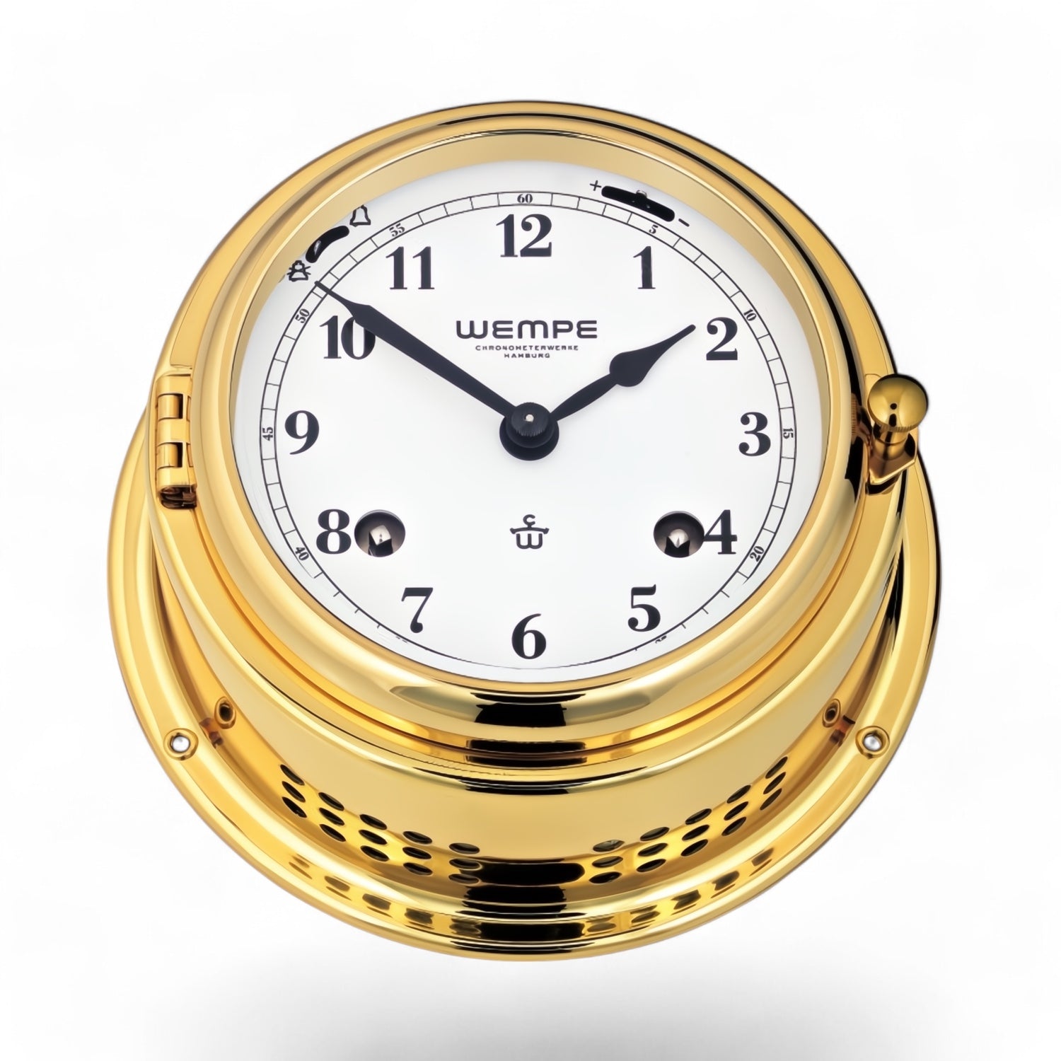 Wempe Bremen II messing scheepsklok met scheepsbel 150 x 75 mm – mechanisch, 8-daagse power reserve met Arabische cijfers