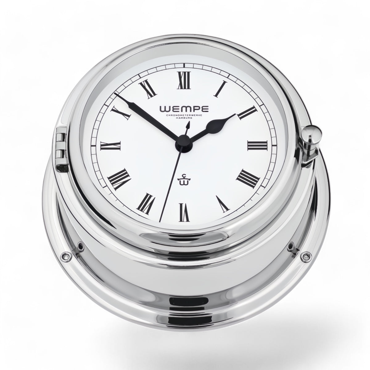 Wempe Bremen II verchroomd messing scheepsklok 150 x 75 mm – frontopening, witte wijzerplaat, quartz uurwerk met Romeinse cijfers