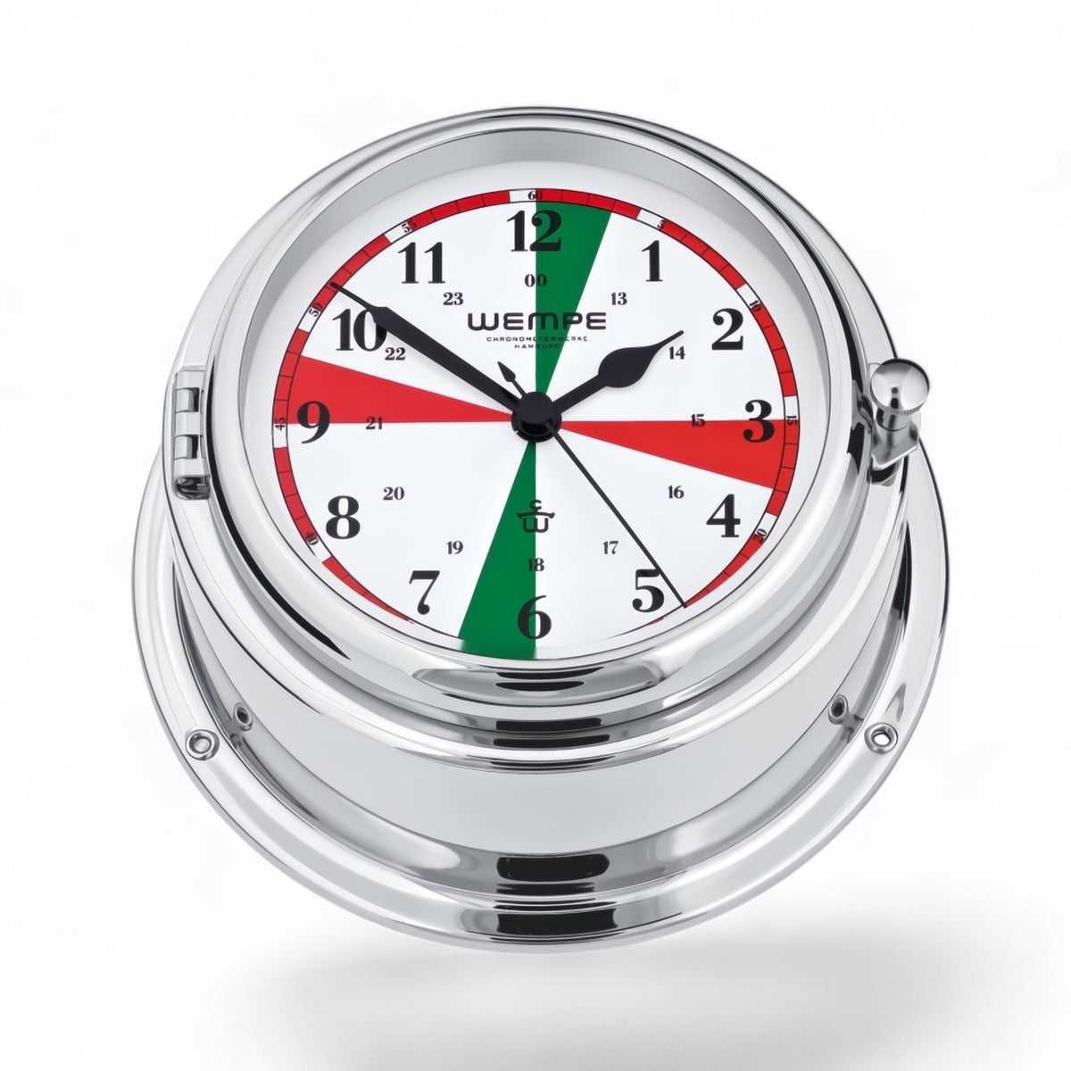 Wempe Bremen II verchroomd messing scheepsklok 150 x 75 mm – frontopening, witte wijzerplaat, quartz uurwerk met radio-stilte zones