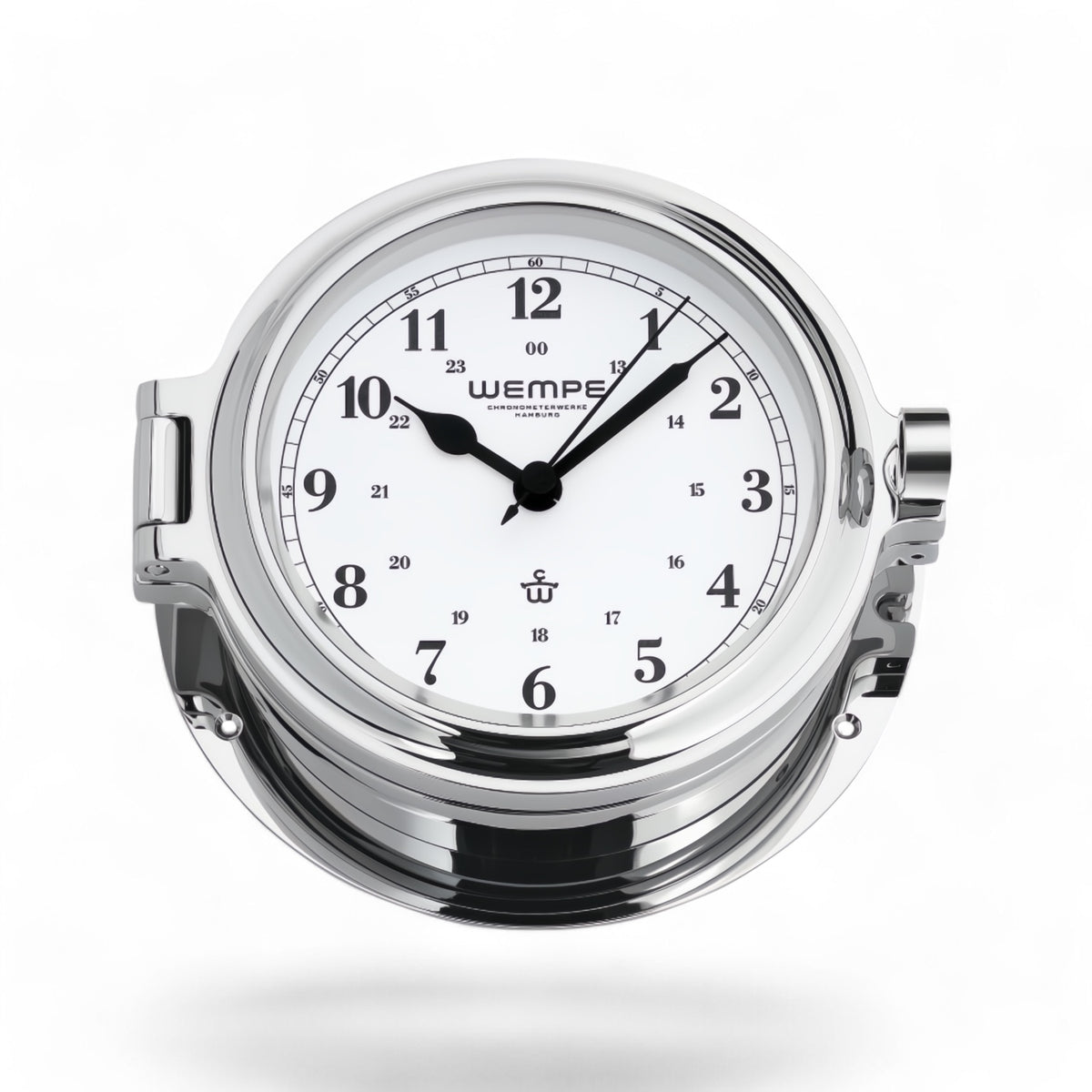 messing Wempe Cup II scheepsklok 140 x 47 mm – massief rvs, quartz patrijspoort klok chroom met Arabische cijfers