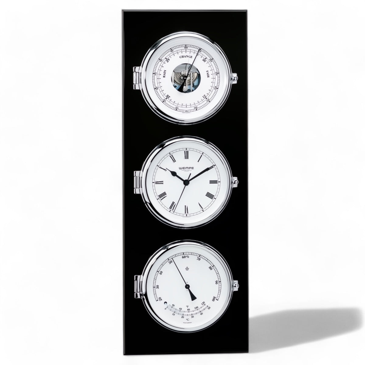 Wempe Elegance weerstation - klok met baro/thermo/hygrometer op luxe plaat chroom met zwart uitvoering