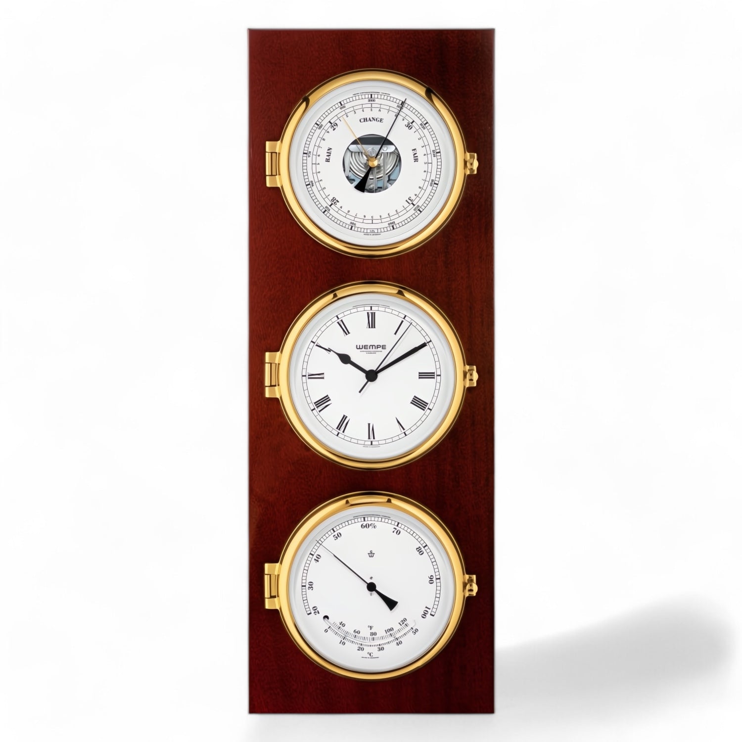 Wempe Elegance weerstation - klok met baro/thermo/hygrometer op luxe plaat messing met mahonie uitvoering