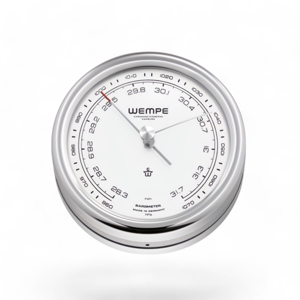 Wempe Pilot barometer met witte wijzerplaat 100 x 35 mm -  gepolijst roestvrij staal, LumiNova-indexen
