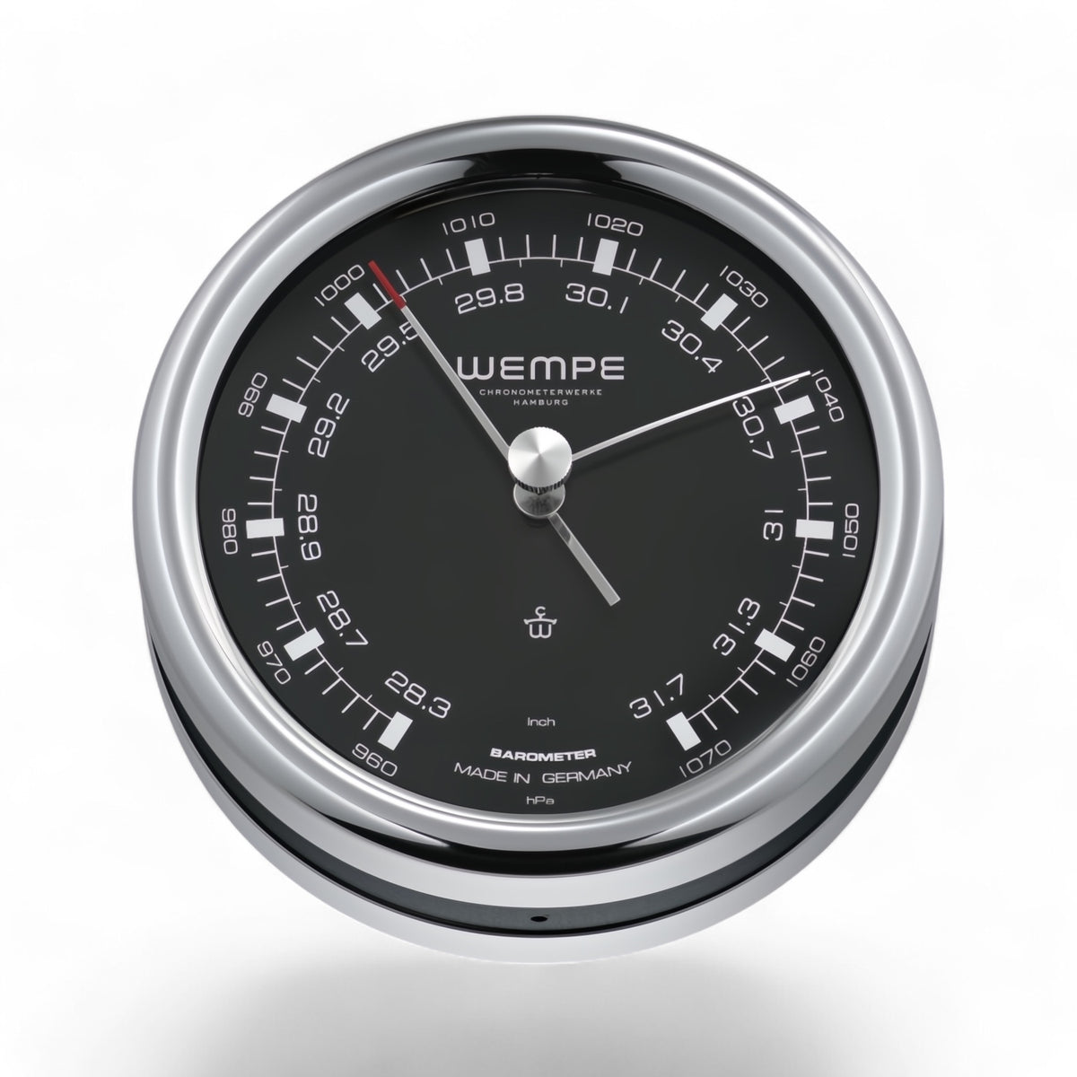 Wempe Pilot barometer met zwarte wijzerplaat 100 x 35 mm -  gepolijst roestvrij staal, LumiNova-indexen