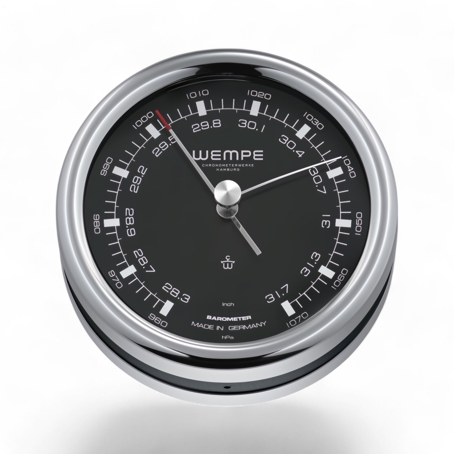 Wempe Pilot barometer met zwarte wijzerplaat 100 x 35 mm -  gepolijst roestvrij staal, LumiNova-indexen