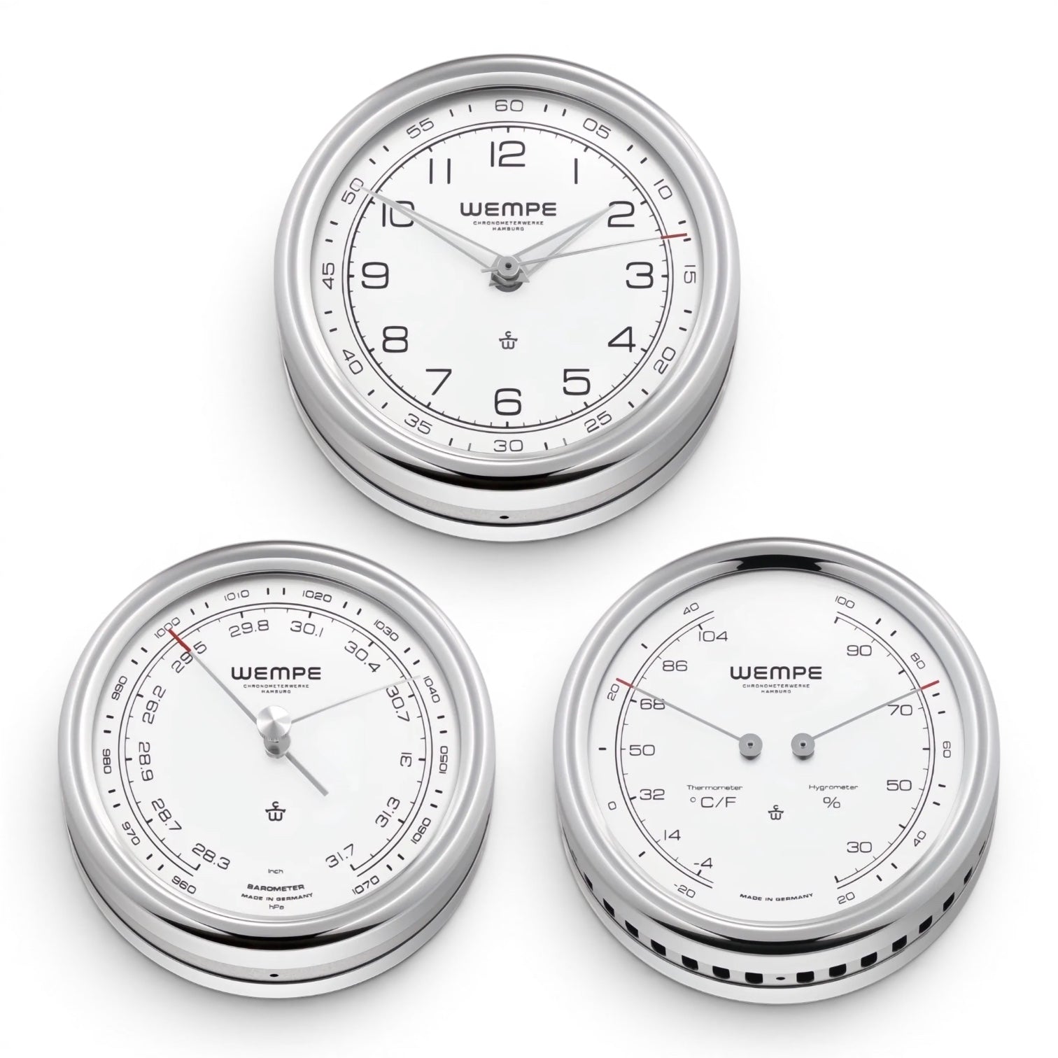 Wempe Pilot V set van 3 chroom scheepsklok met een arabische wijzerplaat ,barometer en thermohygrometer studioshot