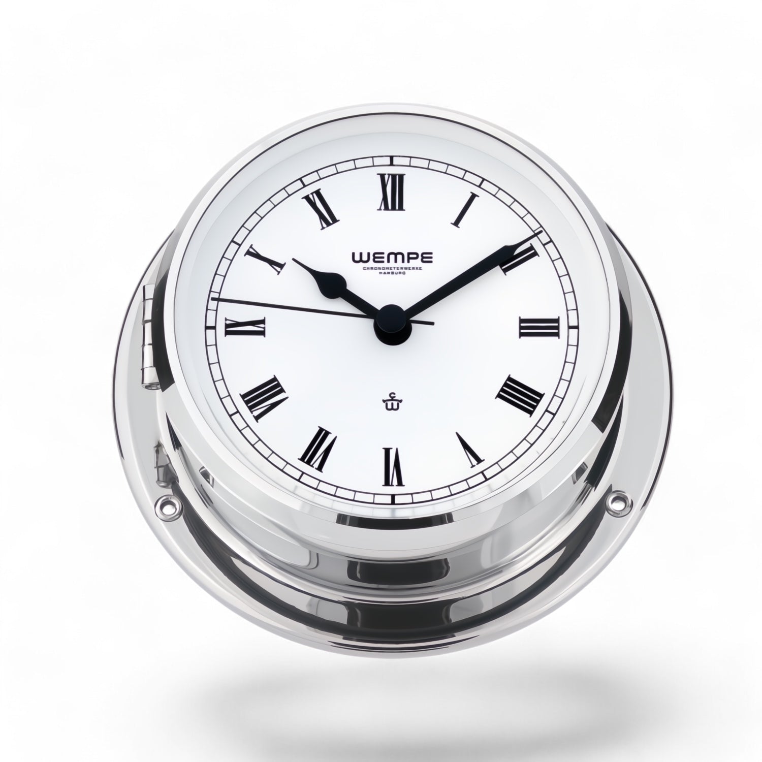 Wempe Skiff chroom scheepsklok 110 x 42 mm - quartz uurwerk, met drukknopsluiting, Romeinse cijfers