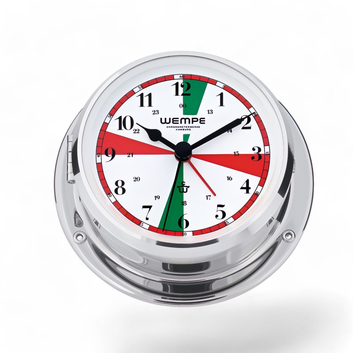 Wempe Skiff scheepsklok met radio stilte zones 110 x 42 mm messing- quartz uurwerk, met drukknopsluiting, chroom en Arabische cijfers 
