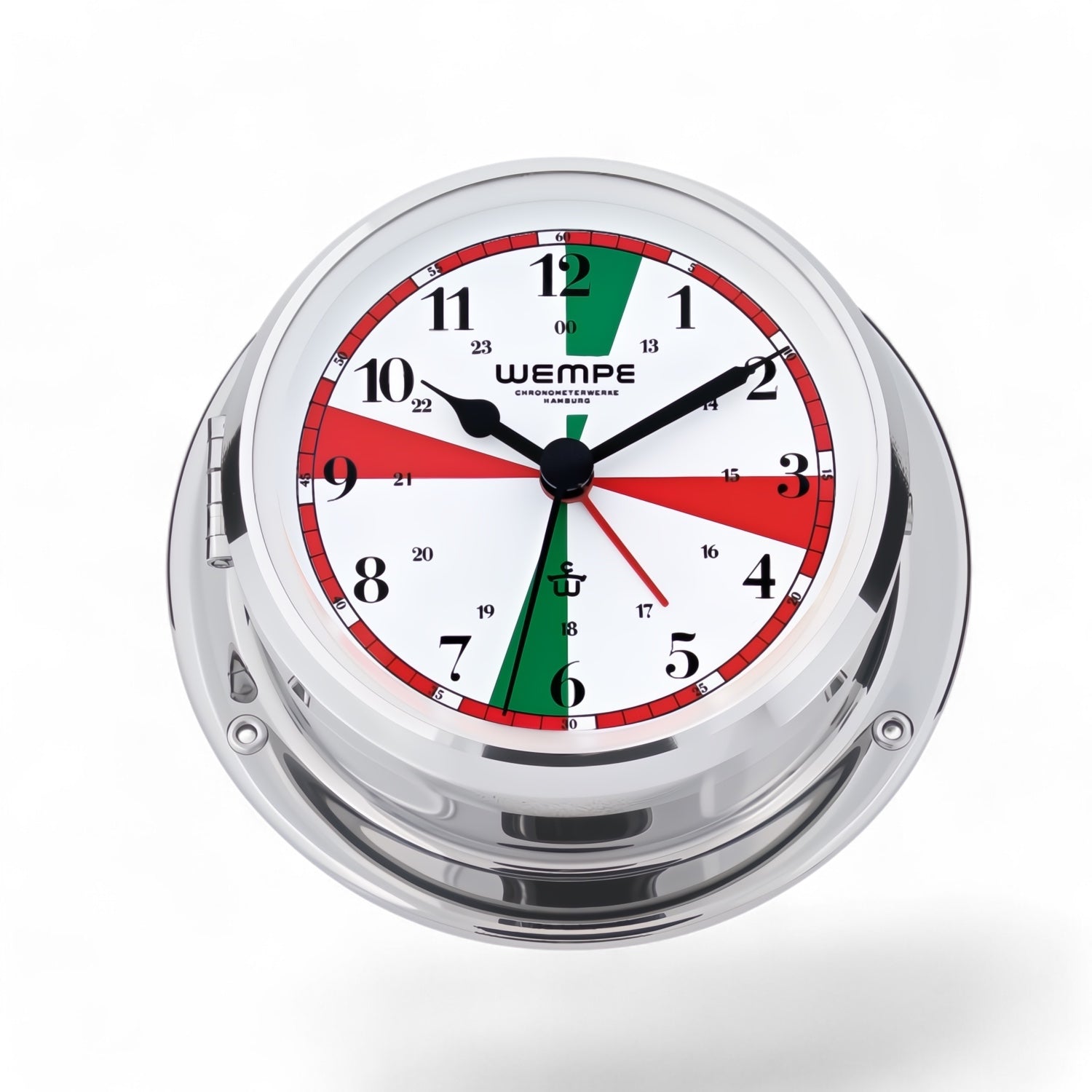 Wempe Skiff scheepsklok met radio stilte zones 110 x 42 mm messing- quartz uurwerk, met drukknopsluiting, chroom en Arabische cijfers 
