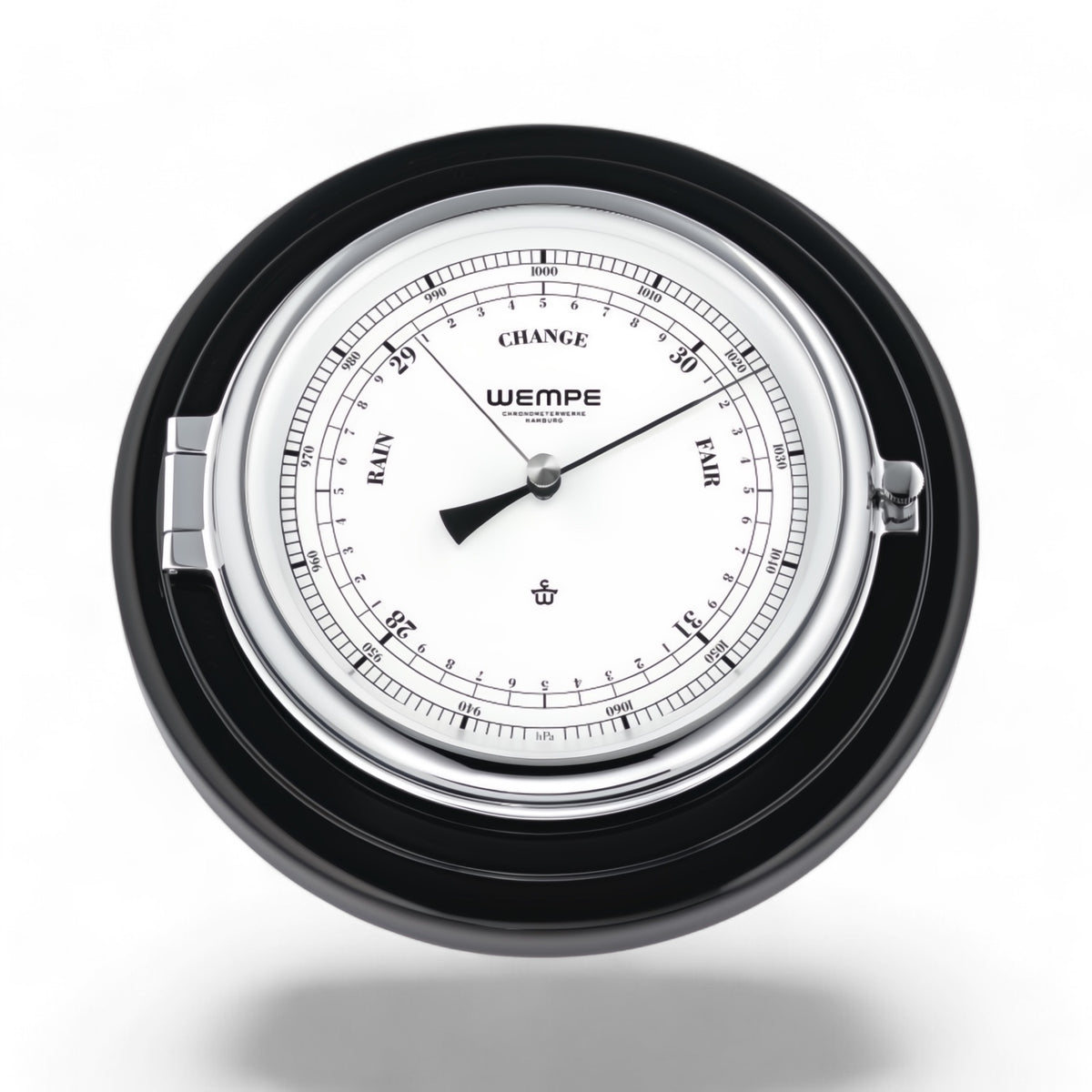 Wempe Skipper barometer 210 x  50 mm - klassiek model op luxe plaat, chroom hoogglans zwart